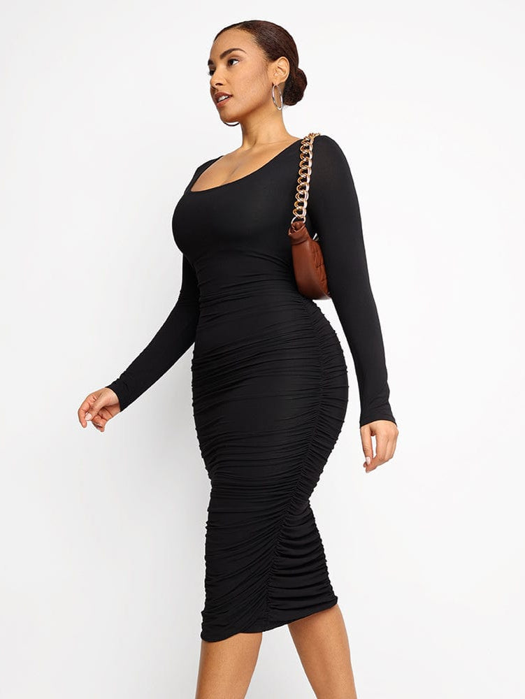 Square-neck Long-sleeve Shaping Dress - Auxieswear