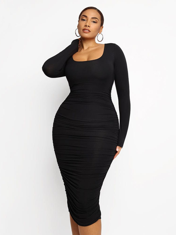 Square-neck Long-sleeve Shaping Dress - Auxieswear