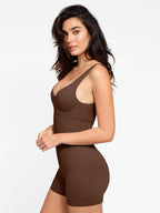 V-Neck Body Contouring Romper with Built-In Wireless Bra