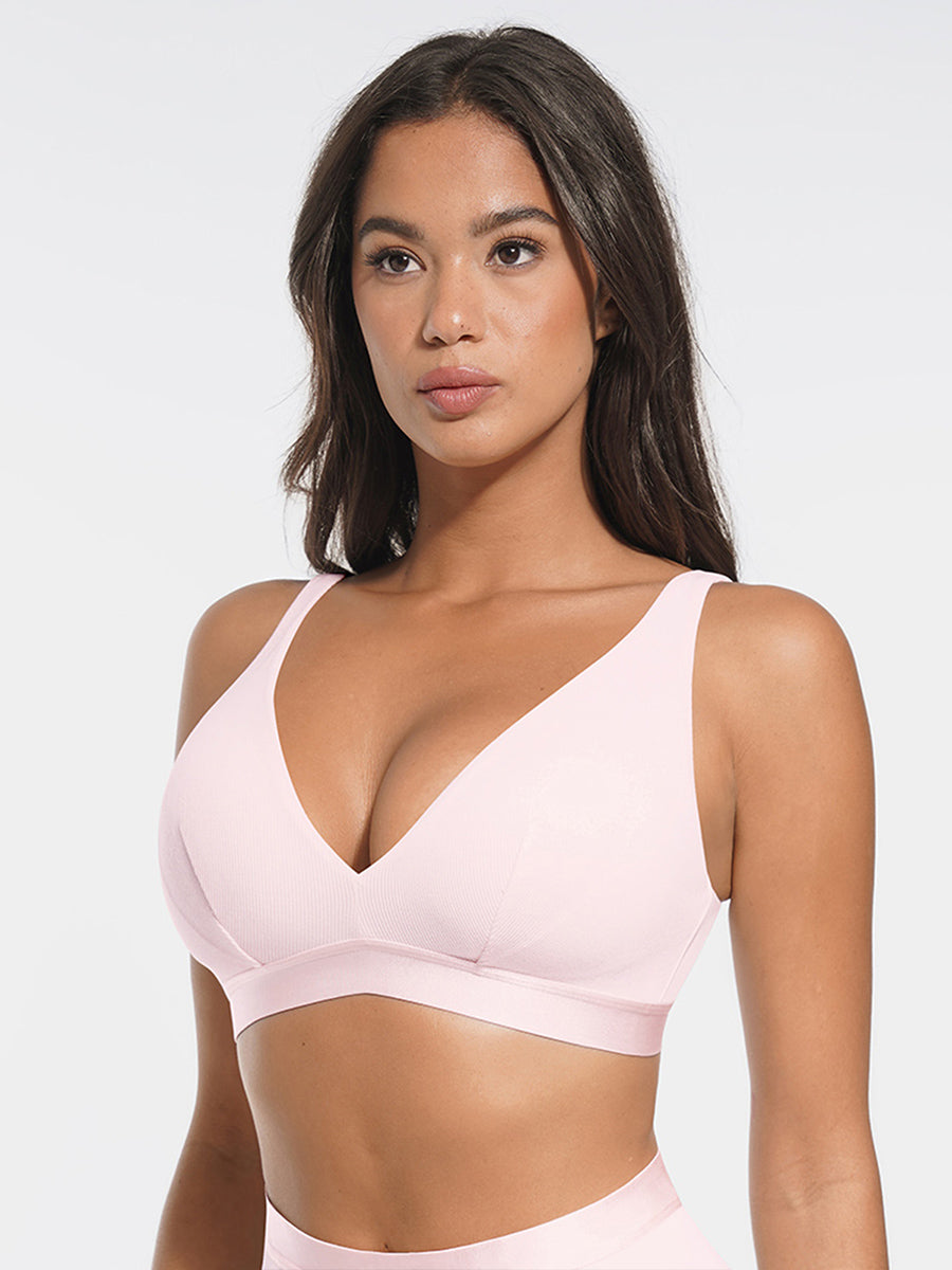 Deep V-Neck Ribbed Bralette with Removable Pads