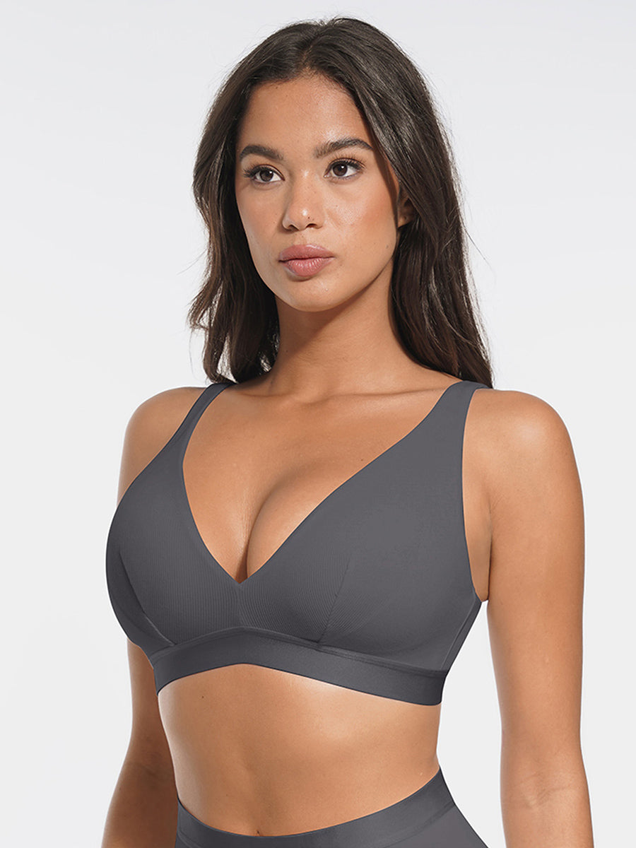 Deep V-Neck Ribbed Bralette with Removable Pads - Auxieswear