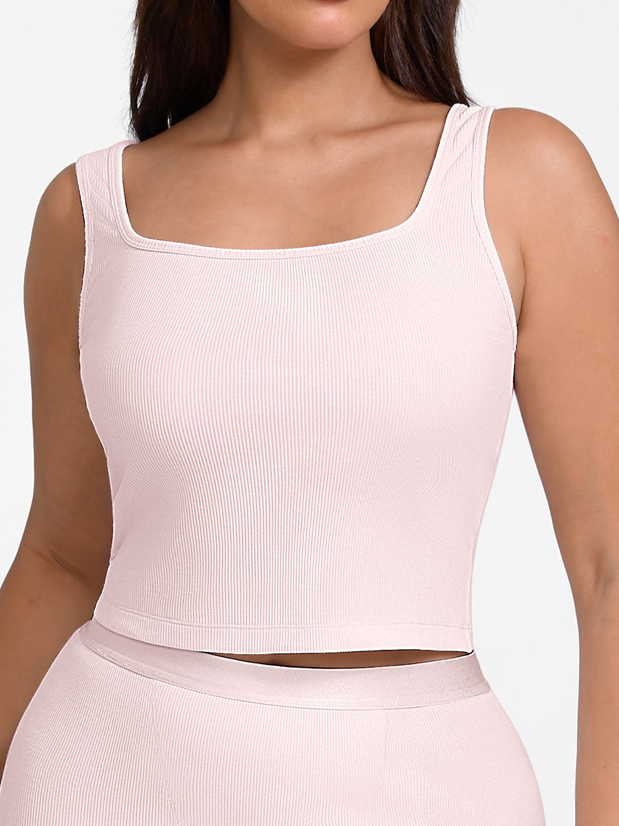 Breathable Ribbed Wide Strap Scoop Neck Tank Top - Auxieswear