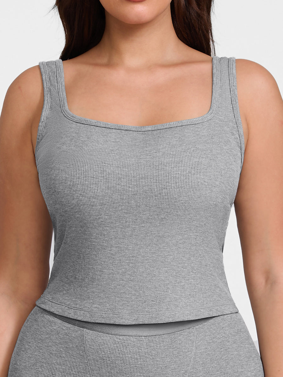 Breathable Ribbed Wide Strap Scoop Neck Tank Top - Auxieswear