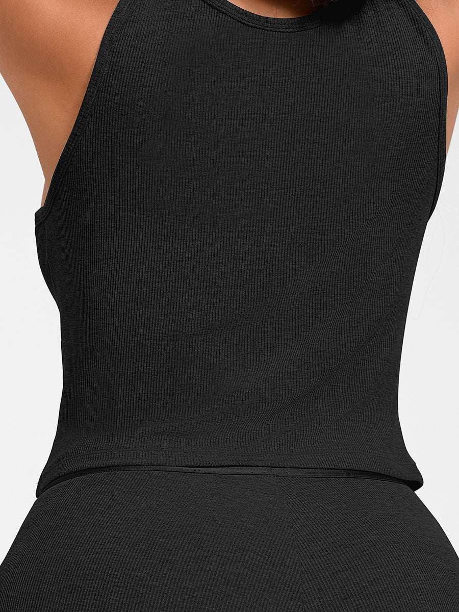 Breathable Ribbed Wide Strap Scoop Neck Tank Top - Auxieswear