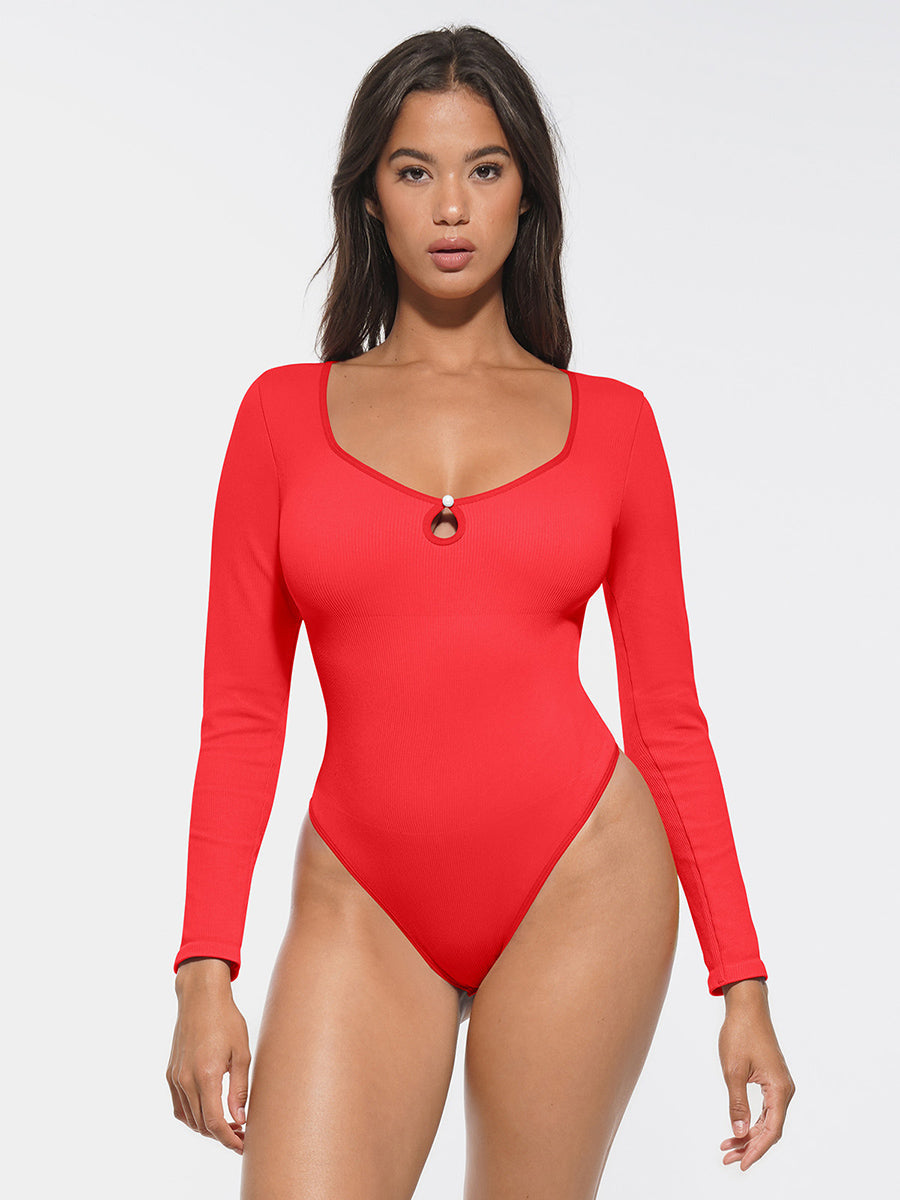 Ribbed Scoop Neck Waist & Tummy Control Bodysuit - Auxieswear