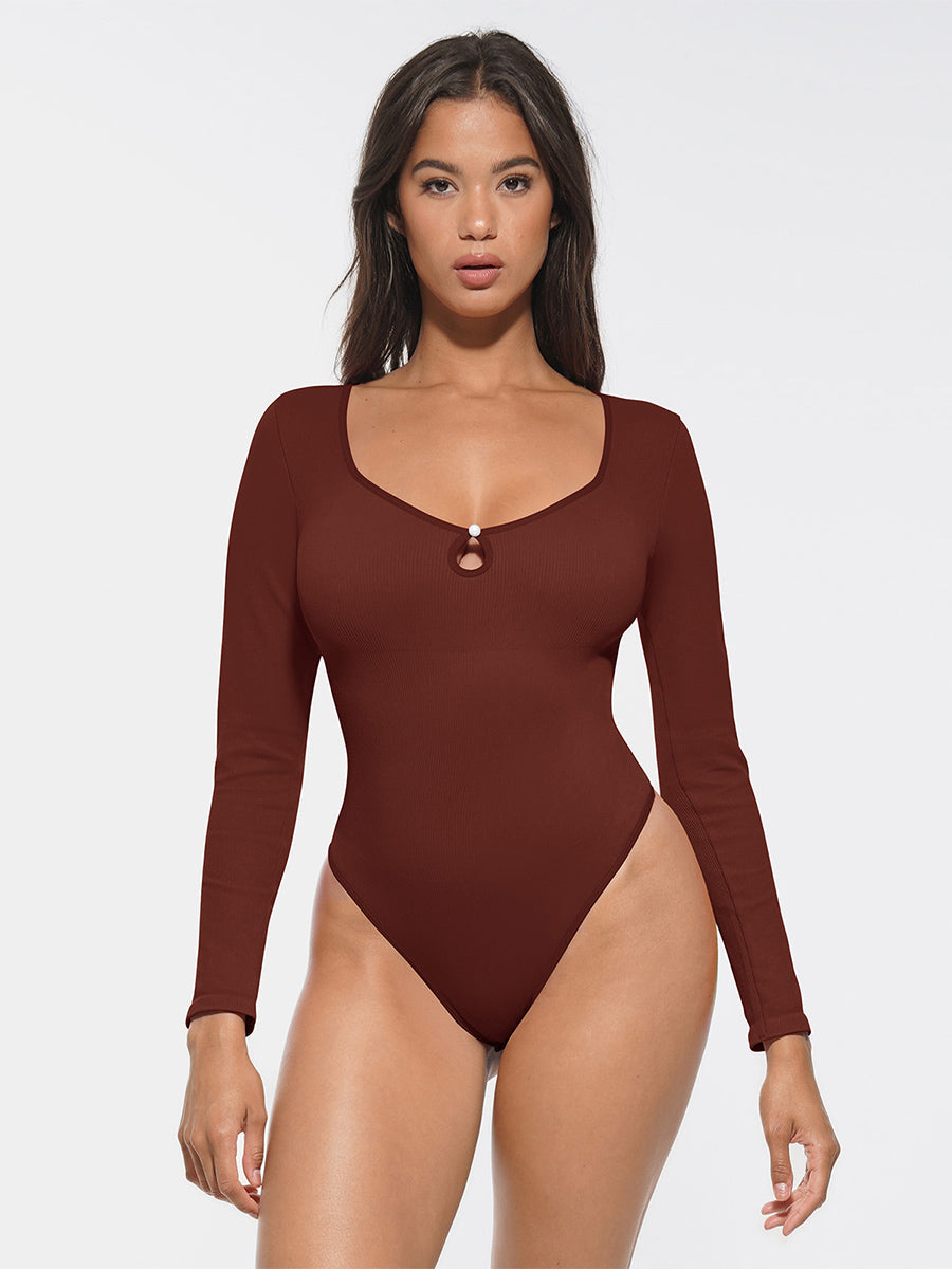 Ribbed Scoop Neck Waist & Tummy Control Bodysuit - Auxieswear