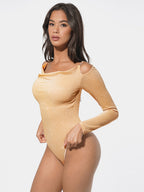 Shiny Draped Neck Bodysuit with Built-In Shaping Mesh & Bra-Free Design