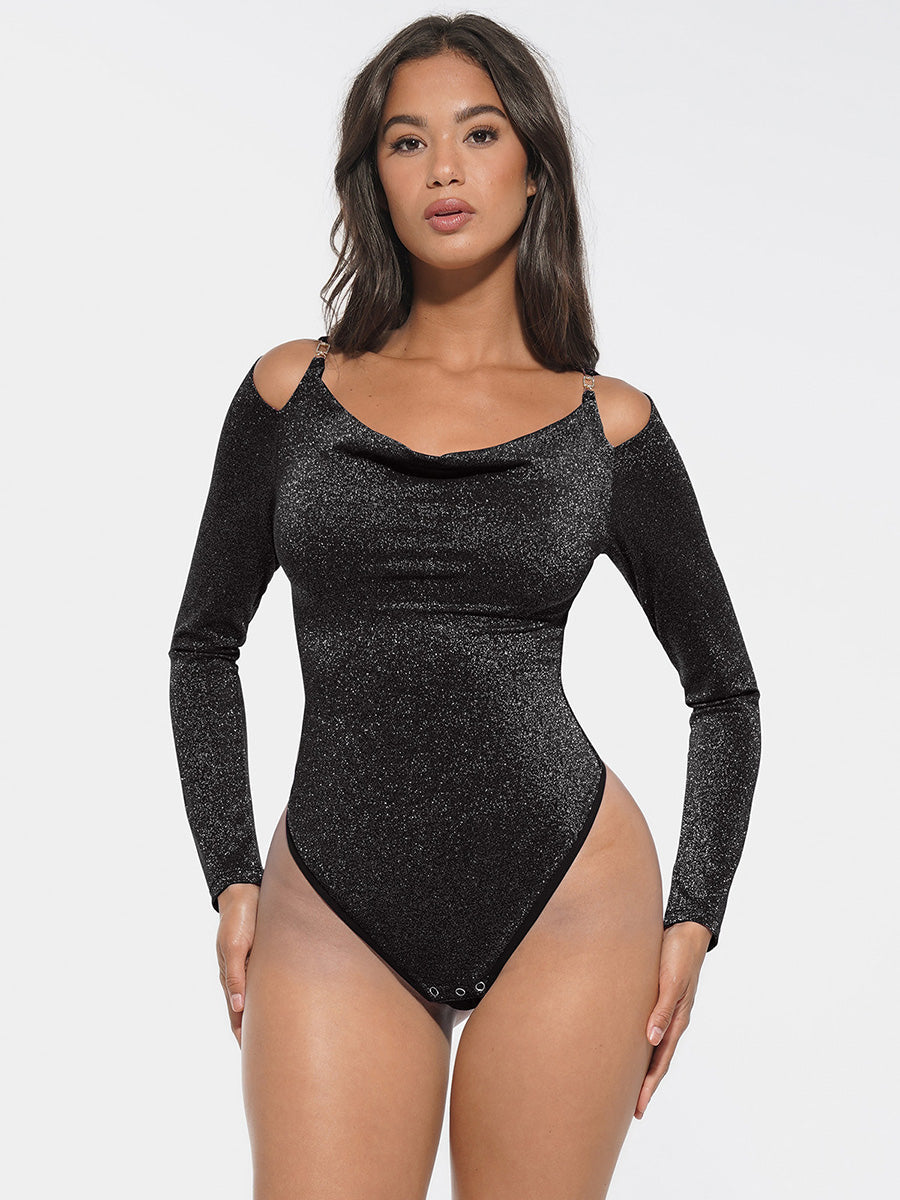 Shiny Draped Neck Bodysuit with Built-In Shaping Mesh & Bra-Free Design