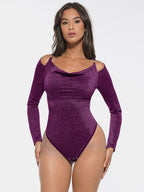 Shiny Draped Neck Bodysuit with Built-In Shaping Mesh & Bra-Free Design
