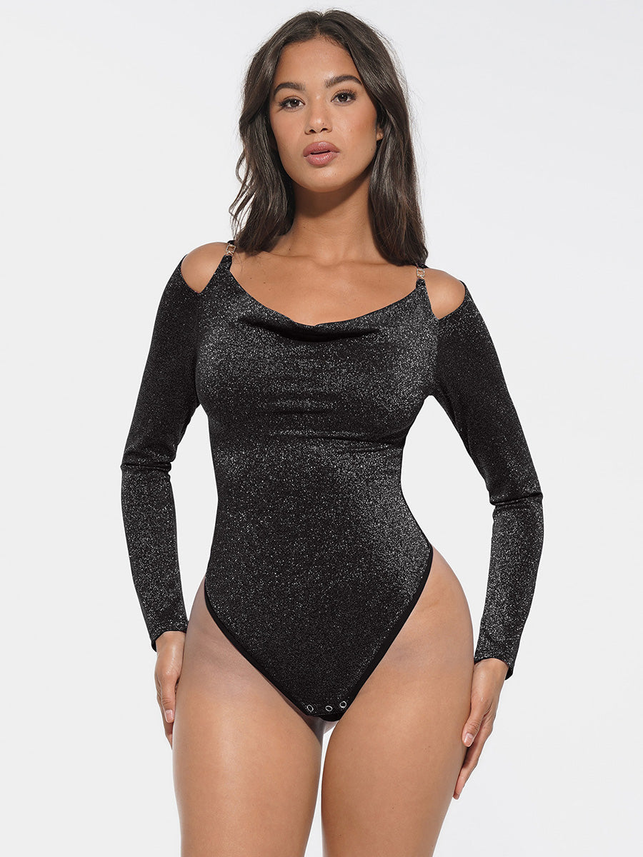 Shiny Draped Neck Bodysuit with Built-In Shaping Mesh & Bra-Free Design - Auxieswear