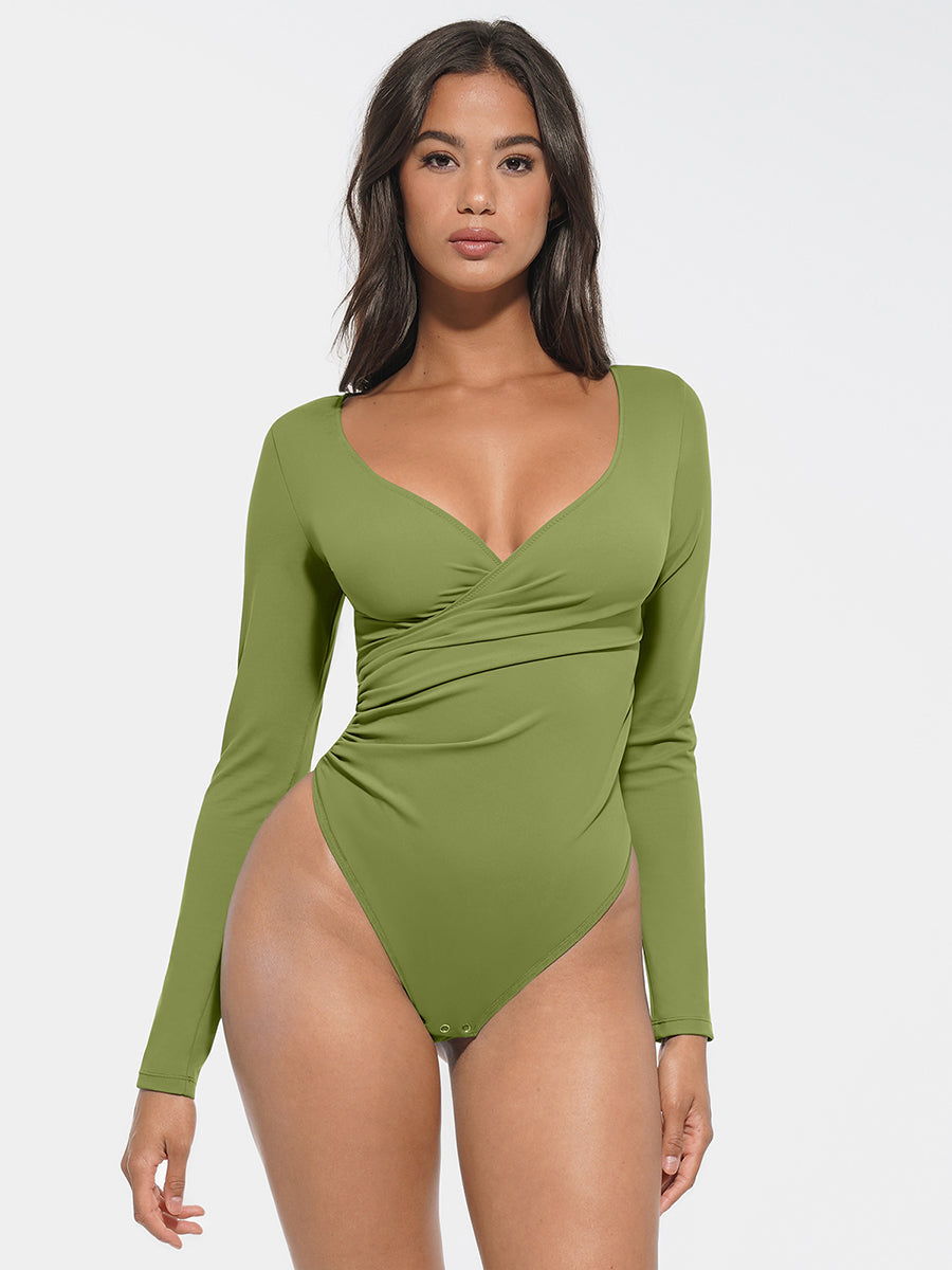 Tummy Control V-Neck Pleated Bodysuit with Antibacterial Crotch