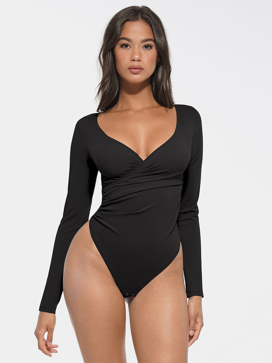 Tummy Control V-Neck Pleated Bodysuit - Auxieswear