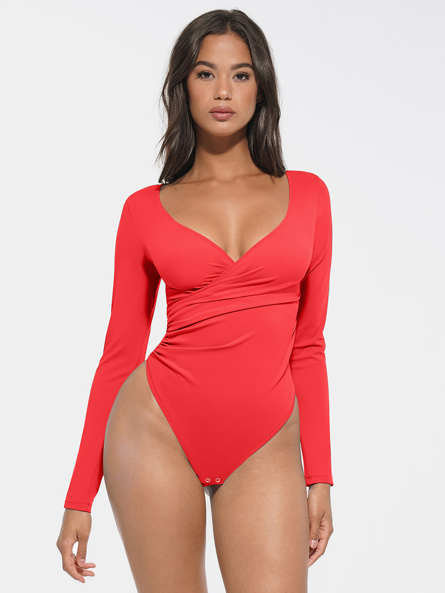 Tummy Control V-Neck Pleated Bodysuit with Antibacterial Crotch