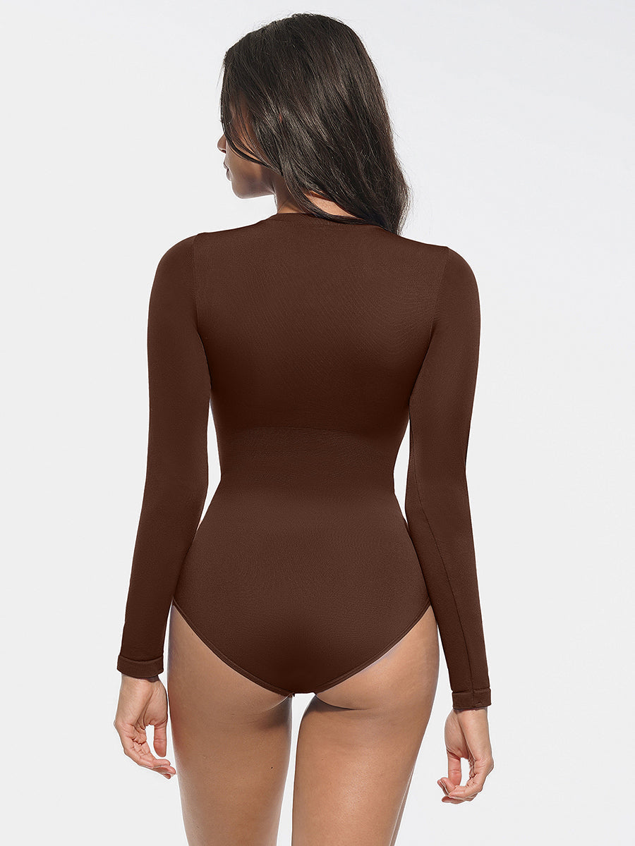 Long Sleeve Round Collar Waist Shaping Bodysuit - Auxieswear
