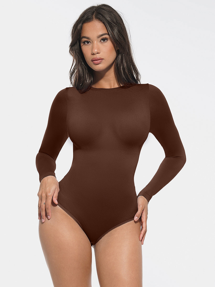 Long Sleeve Round Collar Waist Shaping Bodysuit - Auxieswear