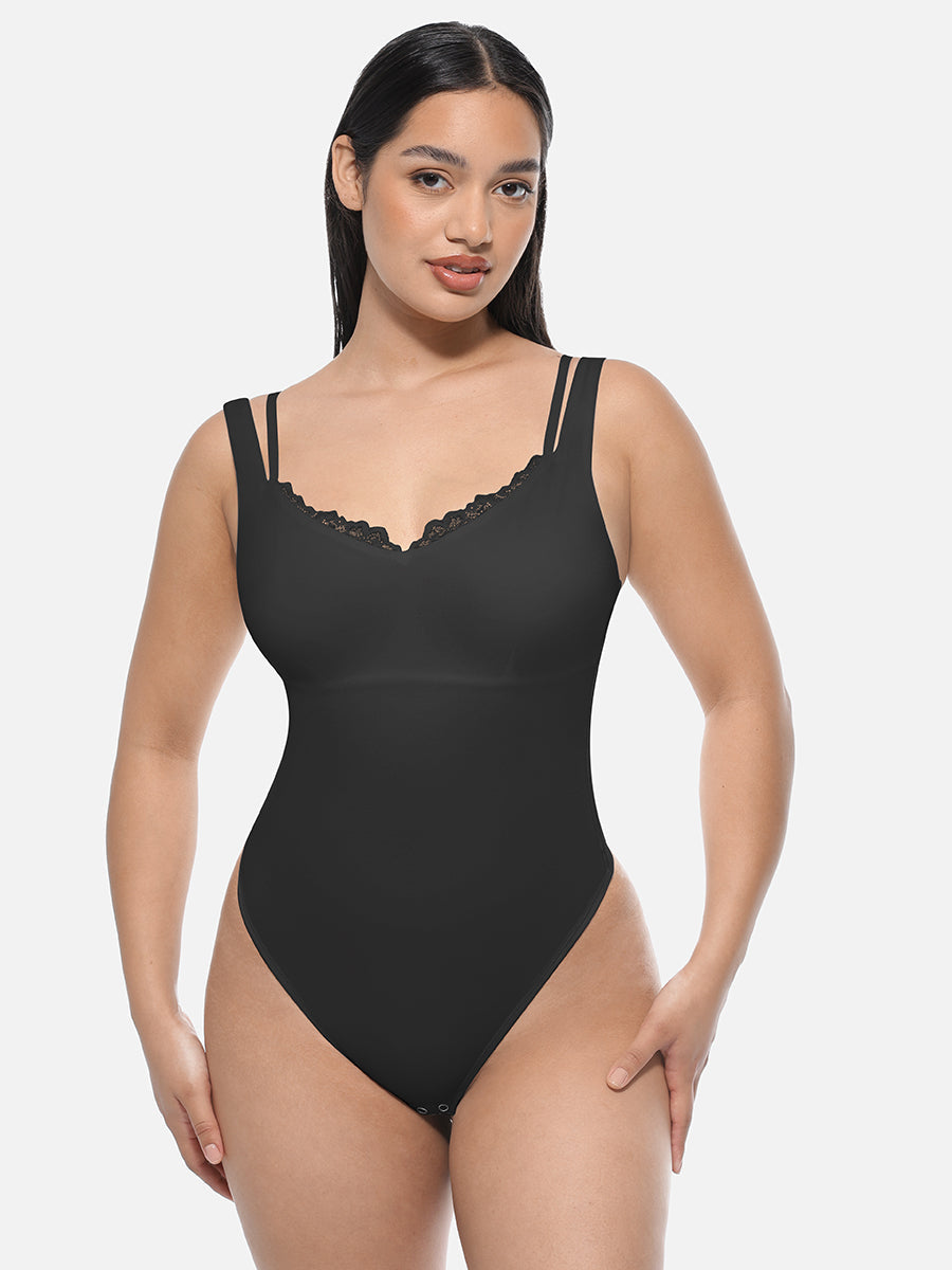 Lace V-neck Waist & Abdomen Shaping Thong Bodysuit