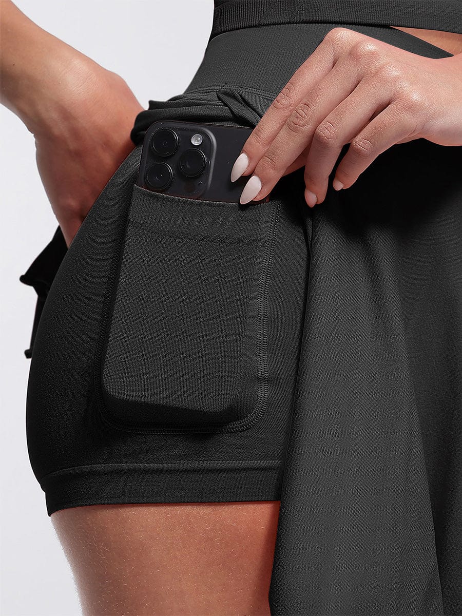 Mid-Waist Flared Skirt with Built-In Shorts & Pockets - Auxieswear