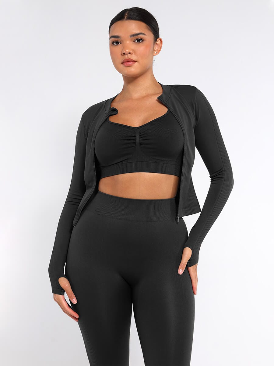 Waist Control Gym Top With Front Zipper - Auxieswear