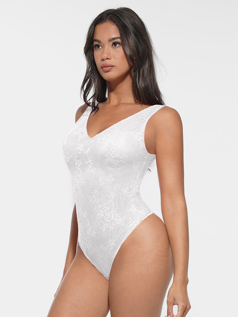 Waist and Abdomen Shaping Deep V-Neck Lace Bodysuit - Auxieswear