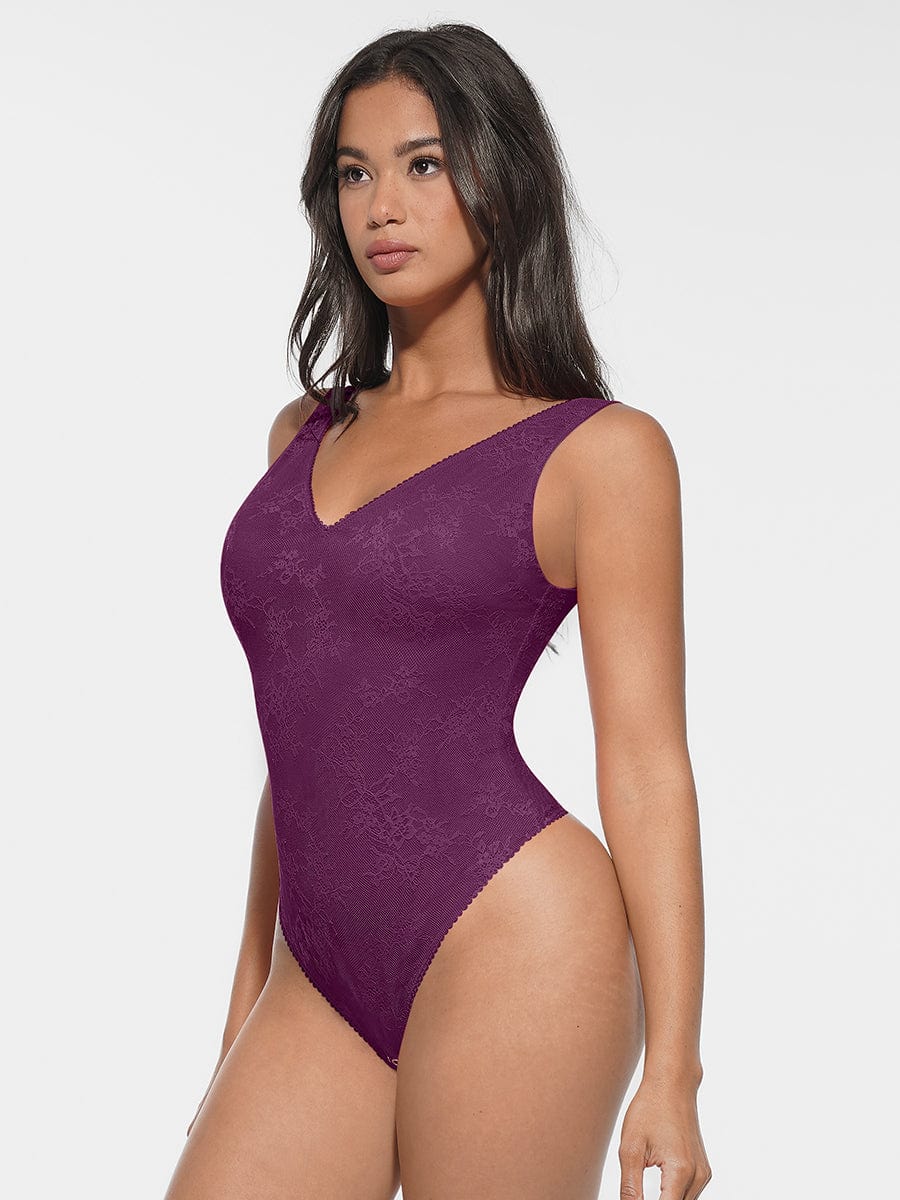 Waist and Abdomen Shaping Deep V-Neck Lace Bodysuit - Auxieswear