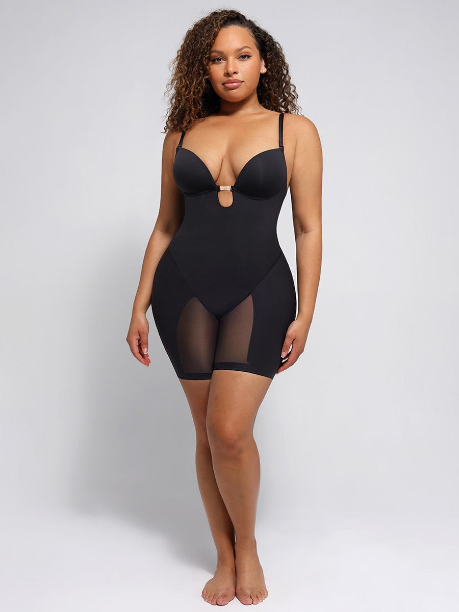Deep V-shaped neckline Mid-Thigh Body Shaper - Auxieswear