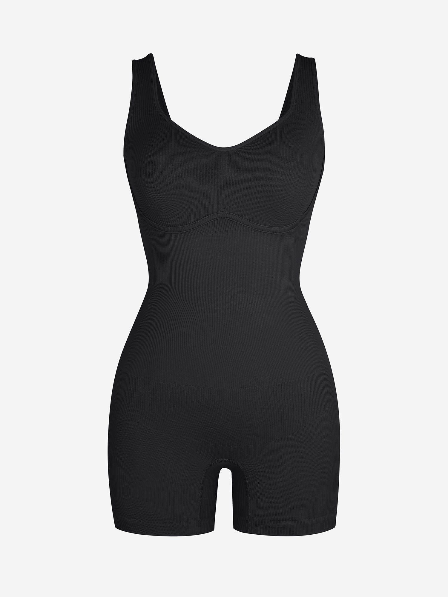 V-Neck Body Contouring Romper with Built-In Wireless Bra