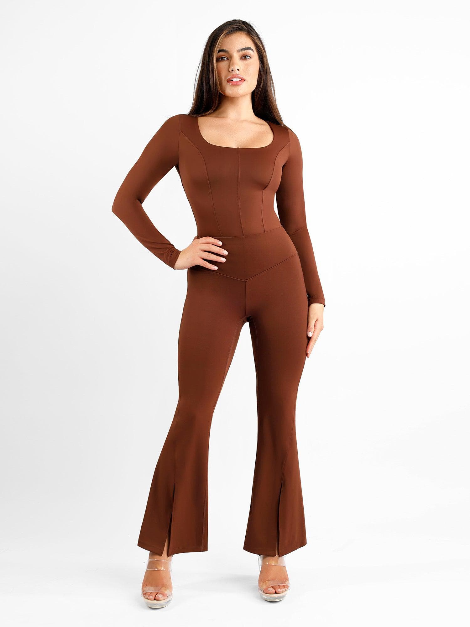 High-Rise Tummy Control Flare Pants with Split Hem - Auxieswear