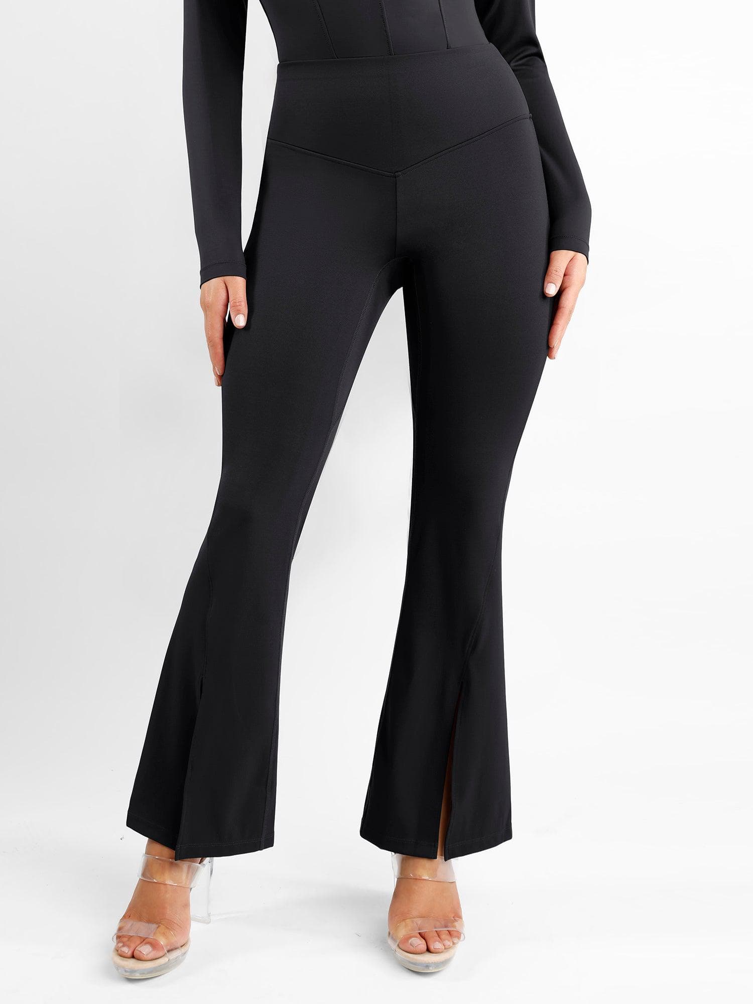 High-Rise Tummy Control Flare Pants with Split Hem - Auxieswear