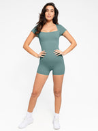 Square Neck Short Sleeve Tummy Control Romper