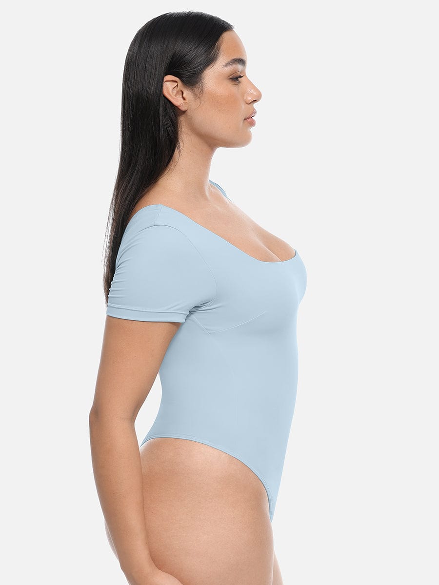 Square-Neck Short-Sleeve Tummy Control Body Shaper - Auxieswear