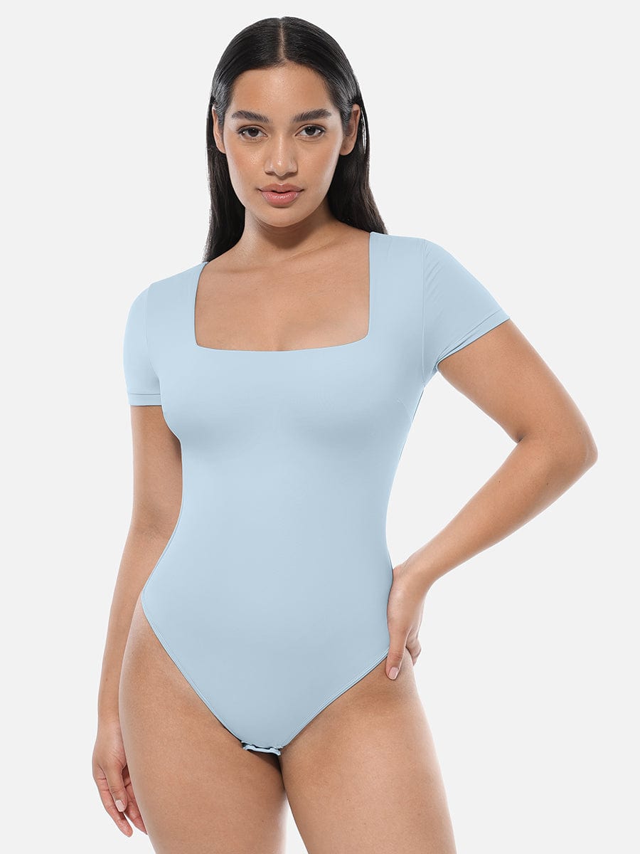 Square-Neck Short-Sleeve Tummy Control Body Shaper - Auxieswear