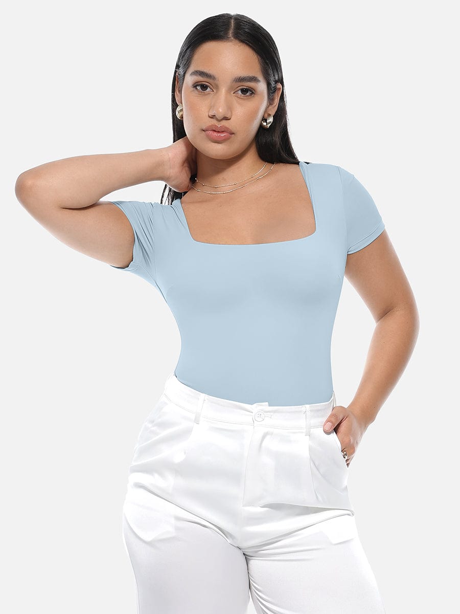 Square-Neck Short-Sleeve Tummy Control Body Shaper - Auxieswear