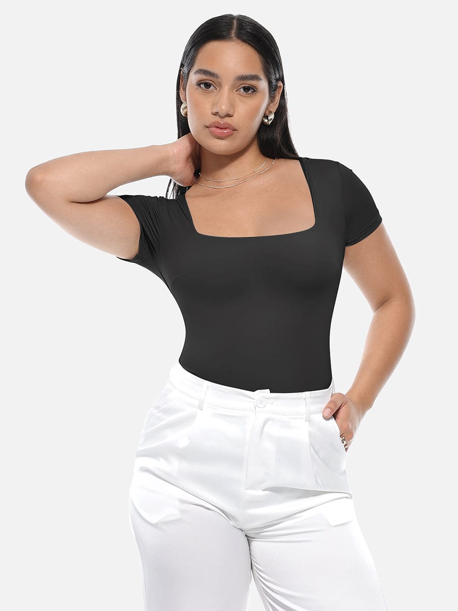 Square-Neck Short-Sleeve Tummy Control Body Shaper - Auxieswear