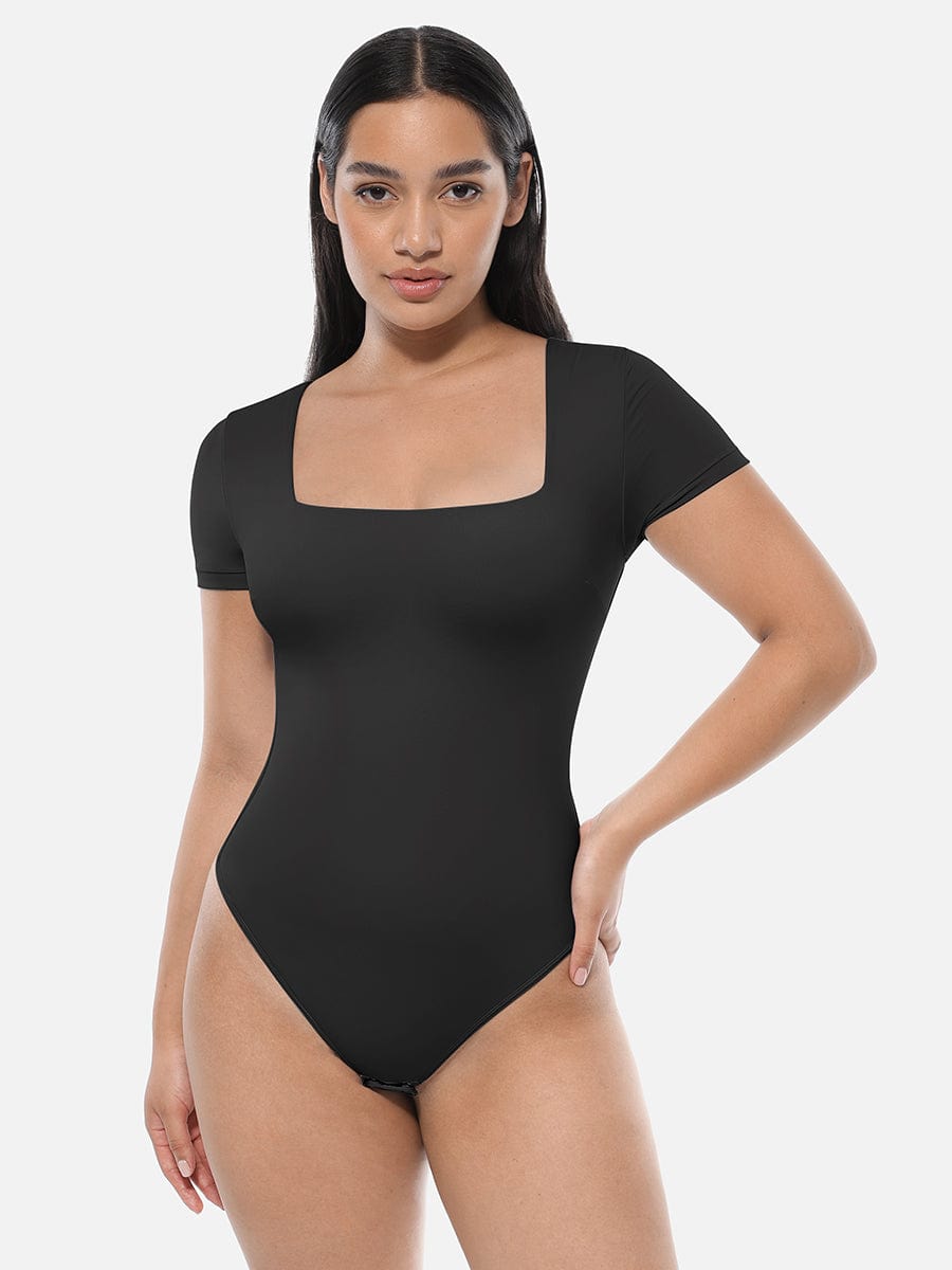 Square-Neck Short-Sleeve Tummy Control Body Shaper