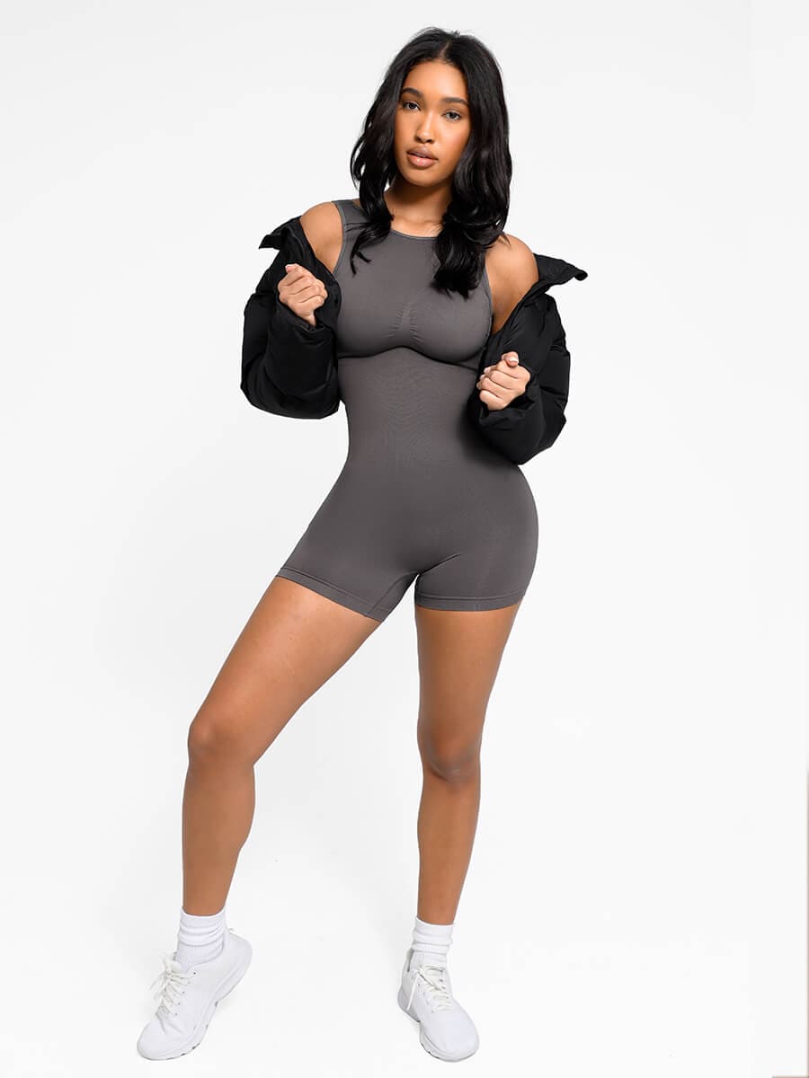 Round Neck U Back Shape Romper with Removable Cups - Auxieswear