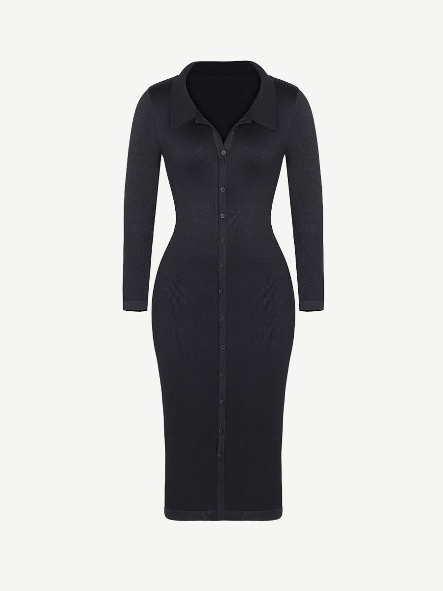 Retro Shirt Style Waist Shaping Casual Midi Dress - Auxieswear