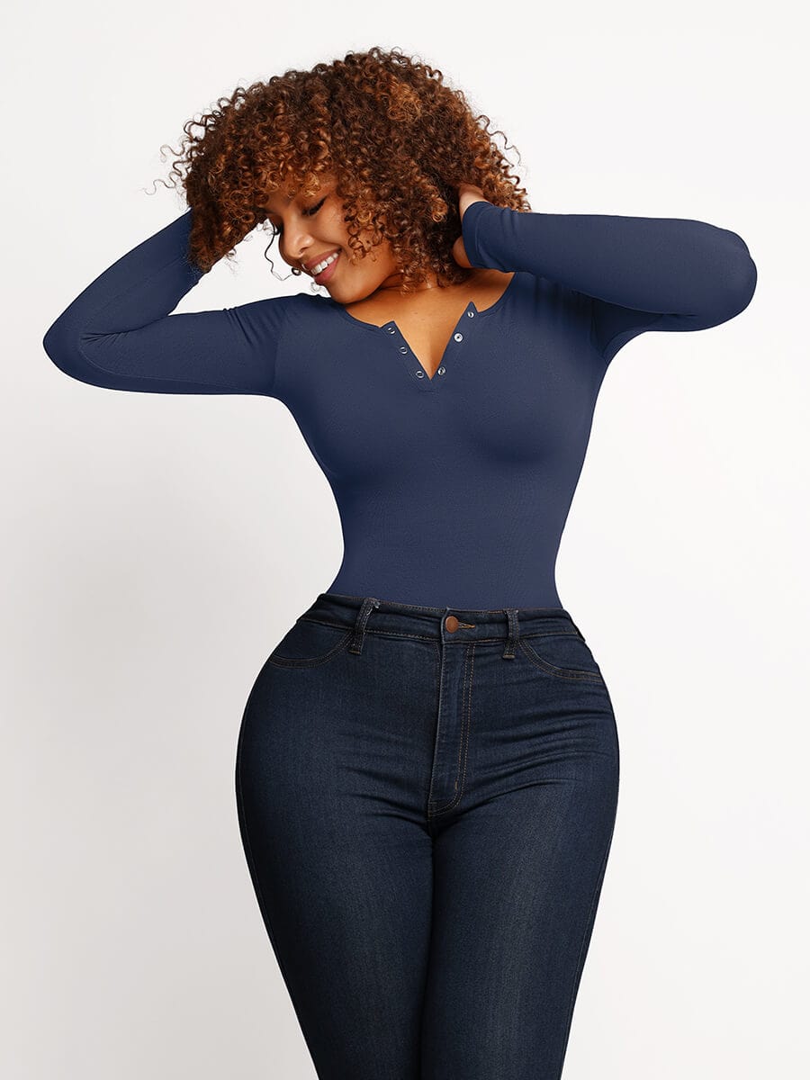 Long Sleeve Scoop Neckline Versatile Bodysuit - Auxieswear