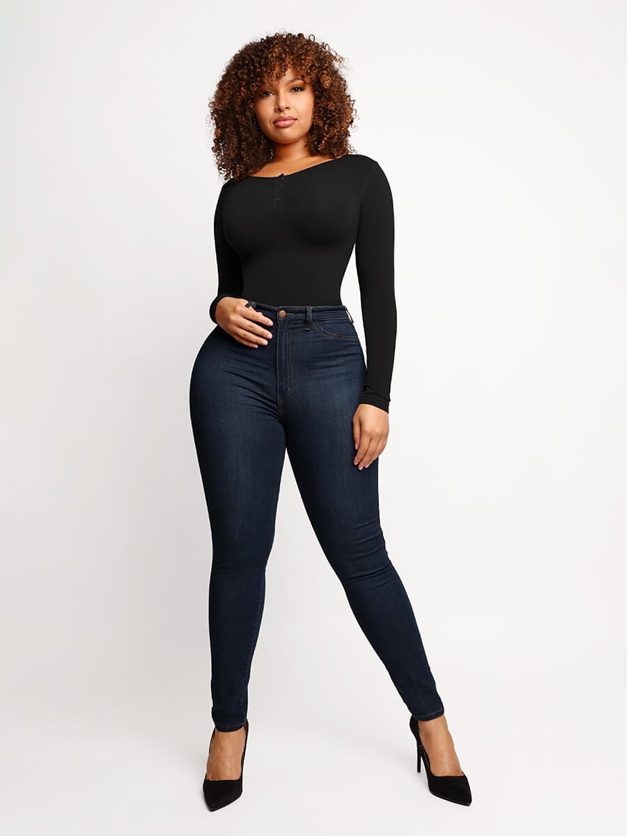 Long Sleeve Scoop Neckline Versatile Bodysuit - Auxieswear