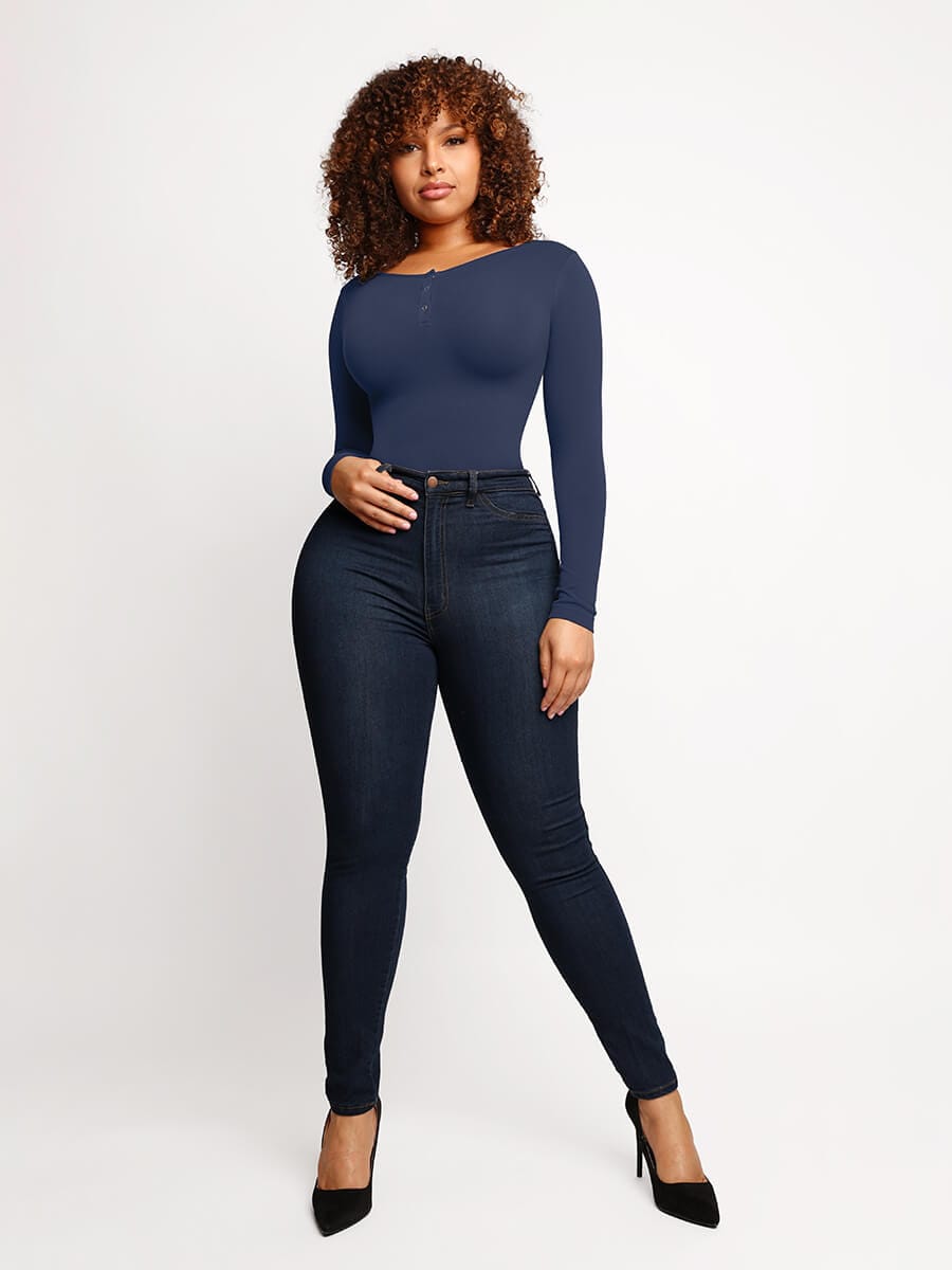 Long Sleeve Scoop Neckline Versatile Bodysuit - Auxieswear