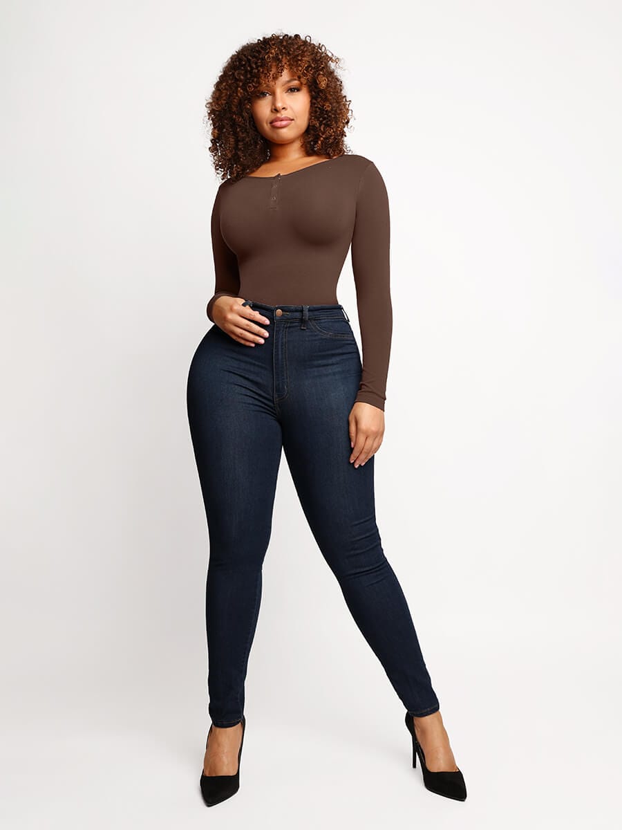 Long Sleeve Scoop Neckline Versatile Bodysuit - Auxieswear