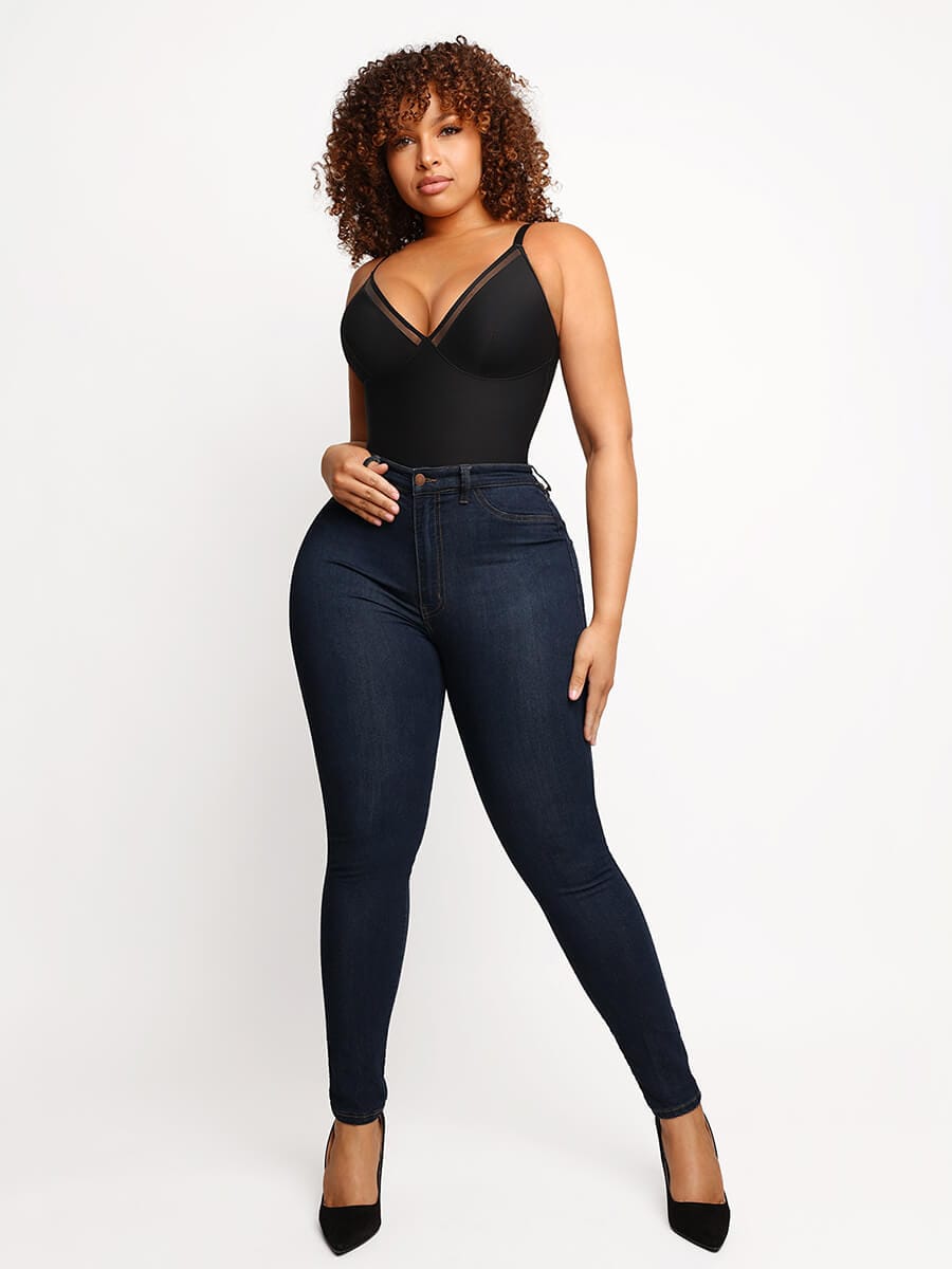 Deep V-Neck Mesh Sheer Bodysuit - Auxieswear