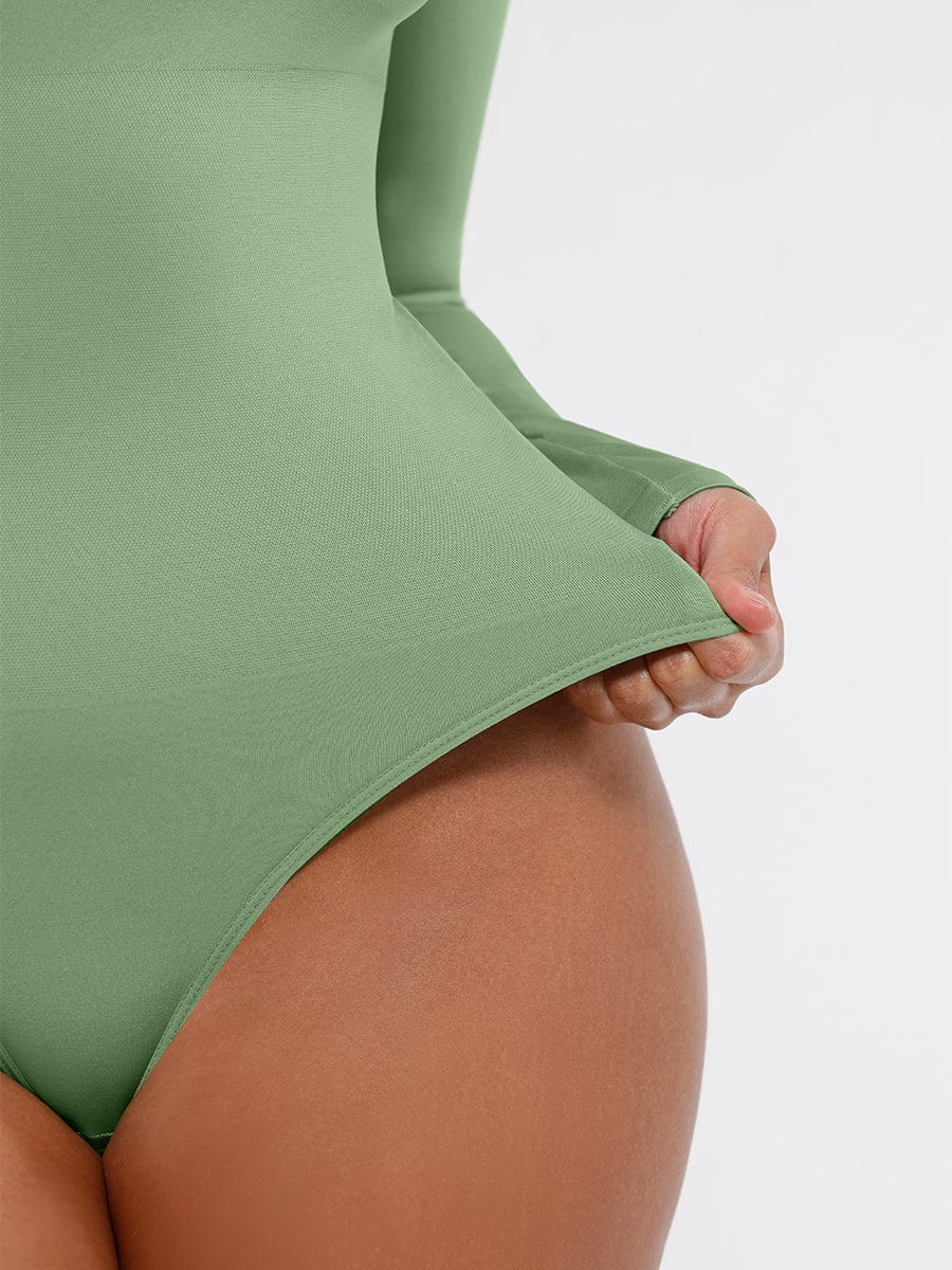 Square Neck Long Sleeve Waist Control Thong Bodysuit