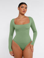Square Neck Long Sleeve Waist Control Thong Bodysuit