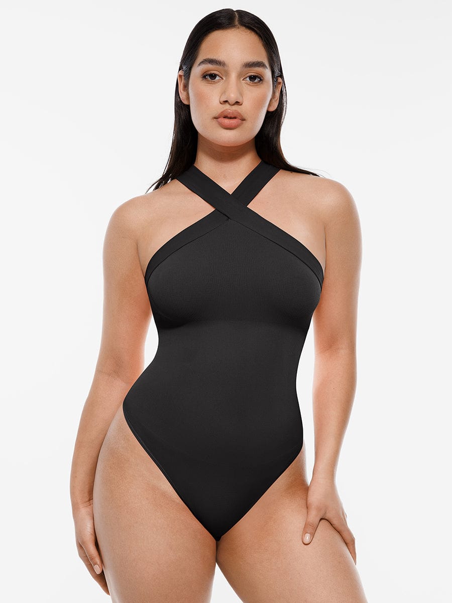 Ribbed Crossover Neck Straps Bodysuit