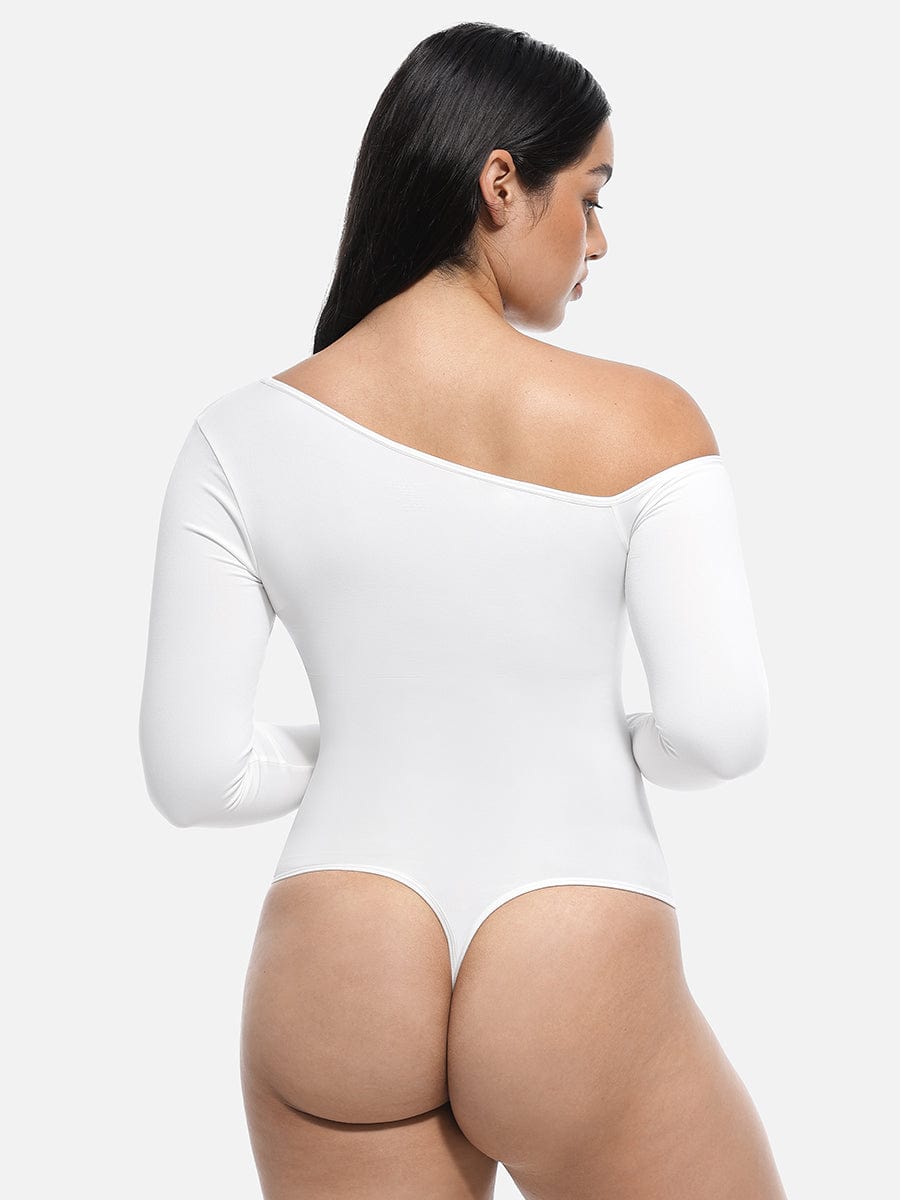 Diagonal Neck Long Sleeve waist Trimming Bodysuit - Auxieswear