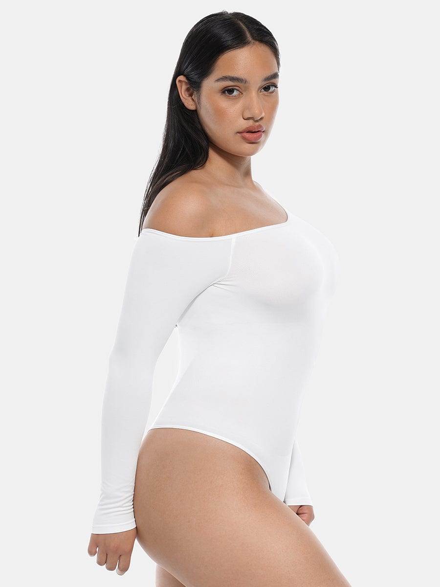 Diagonal Neck Long Sleeve waist Trimming Bodysuit - Auxieswear