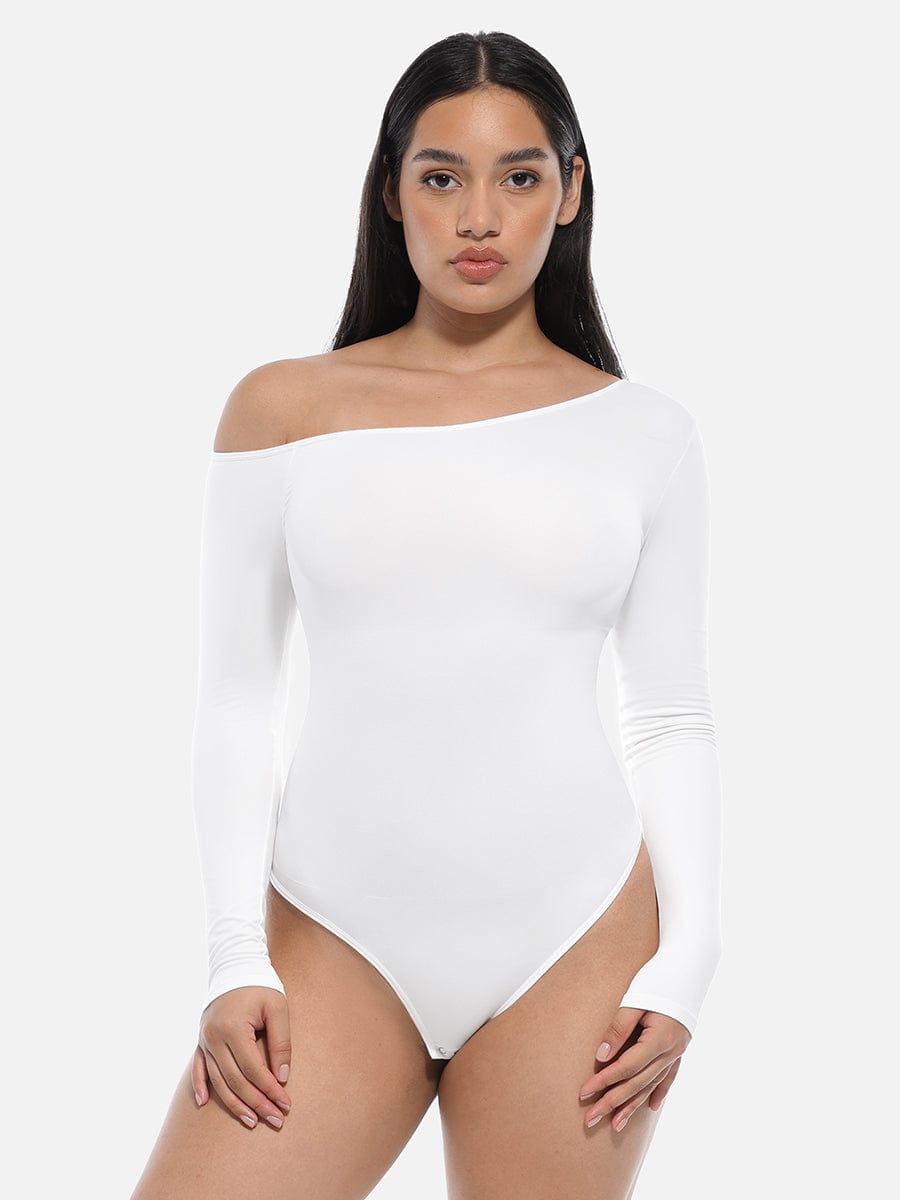 Diagonal Neck Long Sleeve waist Trimming Bodysuit - Auxieswear