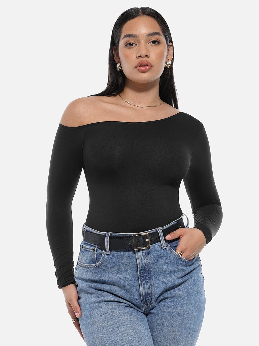 Diagonal Neck Long Sleeve waist Trimming Bodysuit - Auxieswear