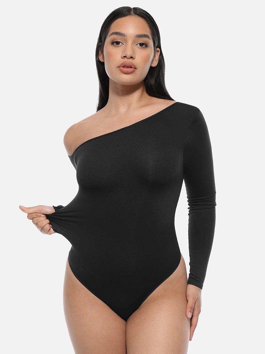 Diagonal Neck Long Sleeve waist Trimming Bodysuit - Auxieswear