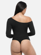 Diagonal Neck Long Sleeve waist Trimming Bodysuit